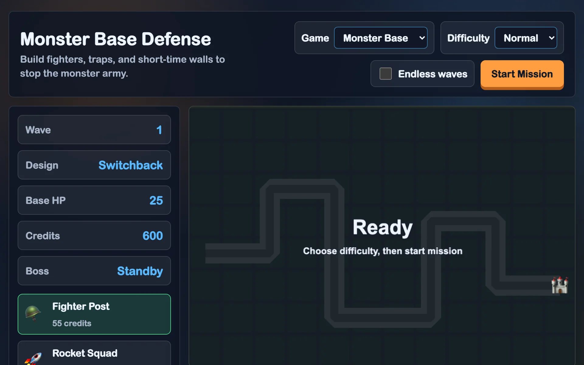 Kids Defense Arcade map: a winding path on a dark grid with a Ready prompt and a base in the corner.