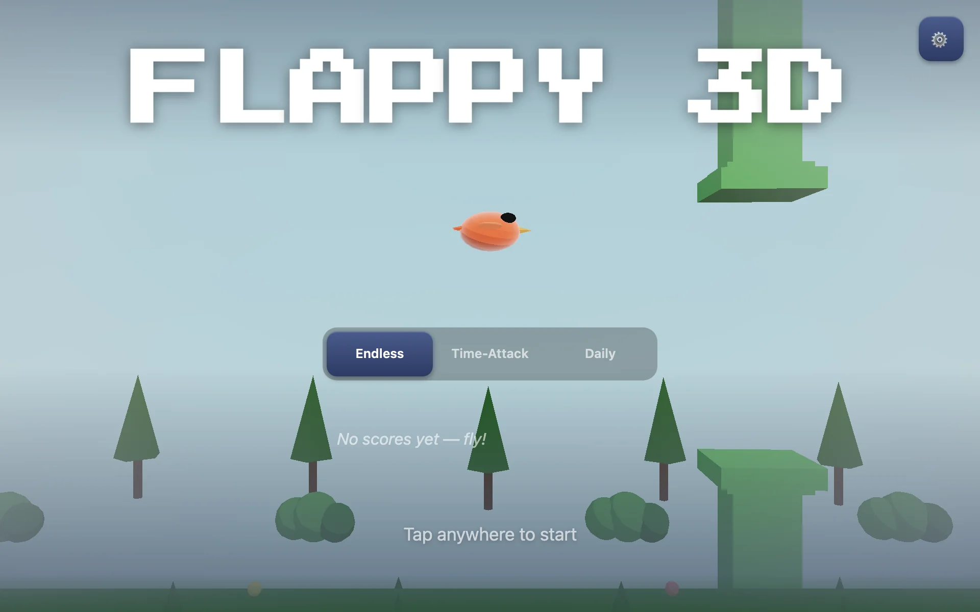 Flappy 3D title screen: a cel-shaded orange bird flying past green pixel pipes and pine trees, with a pixel "FLAPPY 3D" logo above.